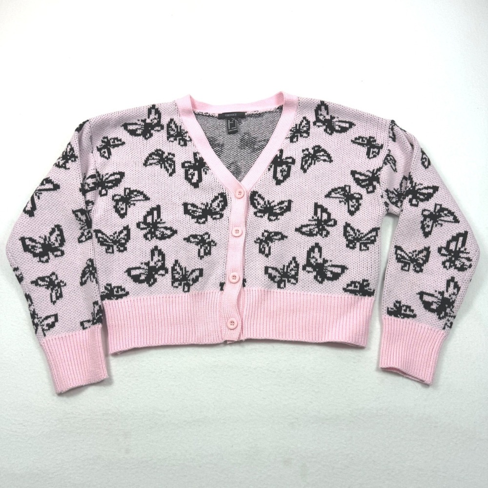 Forever 21 Pink Butterfly Cropped Cardigan Sweater Womens Small V-Neck Knit